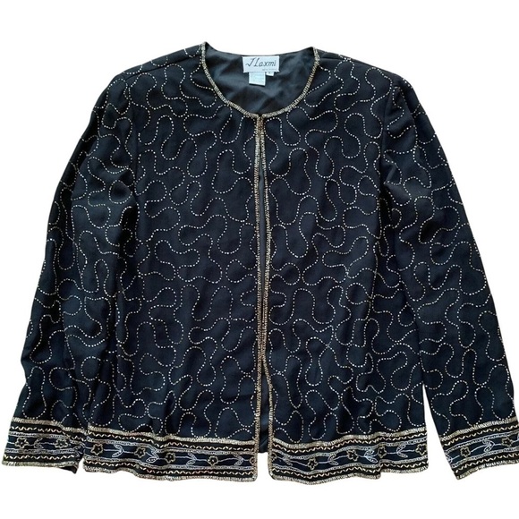 Vtg J Laxmi Beaded Embroidered Formal Evening Jacket Black Gold Silver Size L - Picture 1 of 8